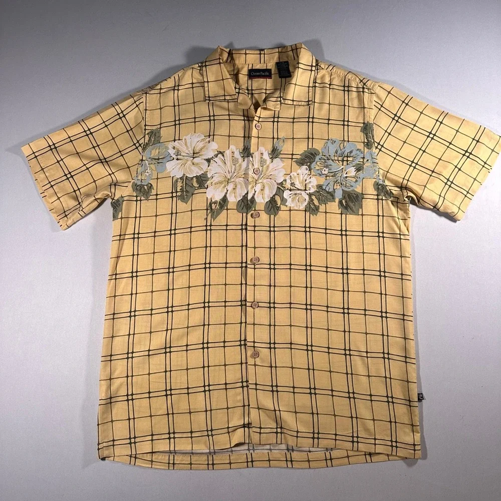 Y2K‎ Ocean Pacific Hawaiian Shirt Mens Large Yellow Rayon Floral Plaid Surf Camp
